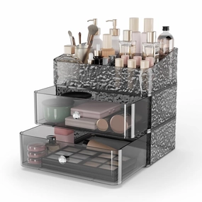 Makeup Organizer for Vanity, Stackable Cosmetics Organizer and Storage, Cosmetic Display Cases with 2 Drawers and 1 Tray for Makeup Brush, Lipstick and Jewelry, Silver Knob, Ripple Gray
