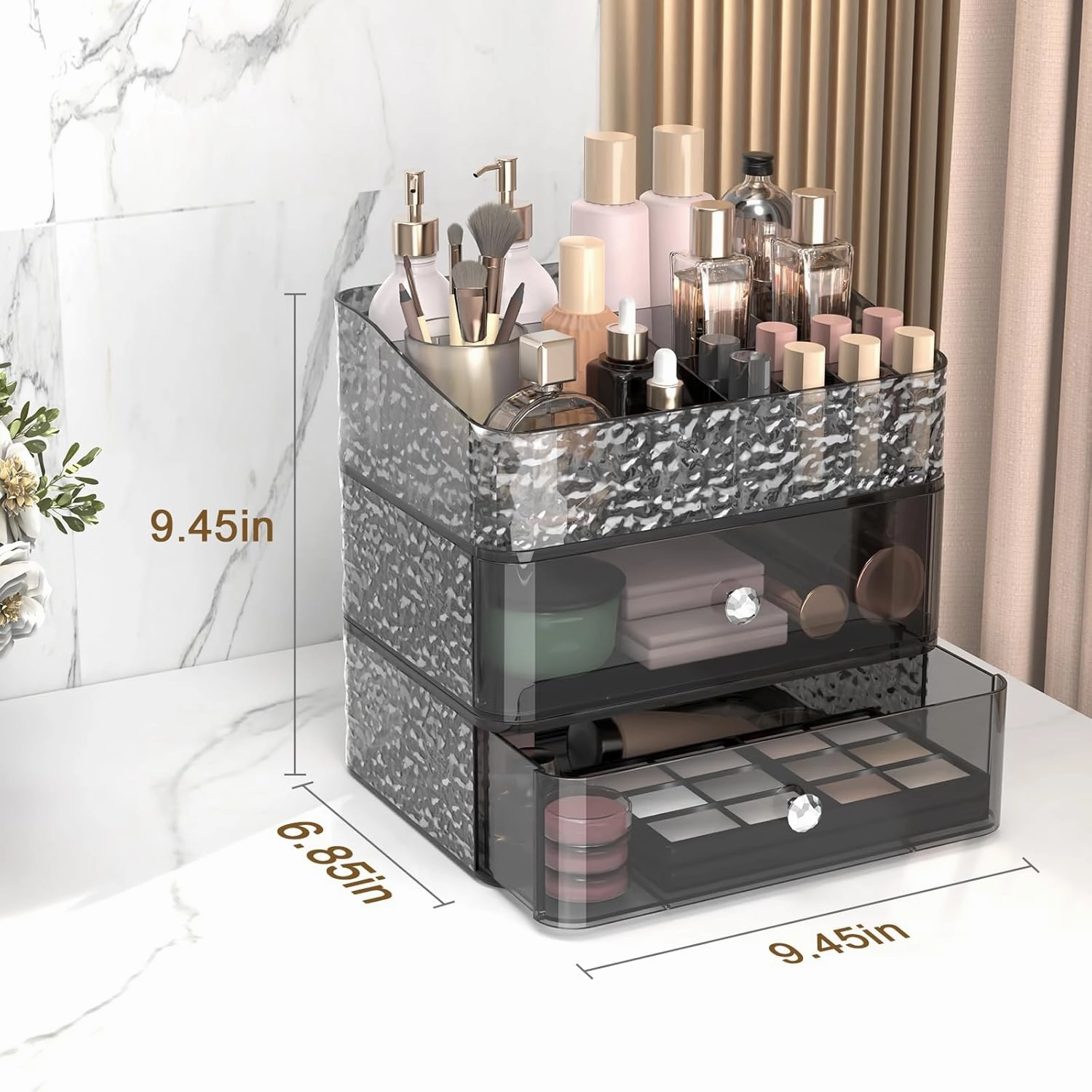 Makeup Organizer for Vanity, Stackable Cosmetics Organizer and Storage, Cosmetic Display Cases with 2 Drawers and 1 Tray for Makeup Brush, Lipstick and Jewelry, Silver Knob, Ripple Gray
