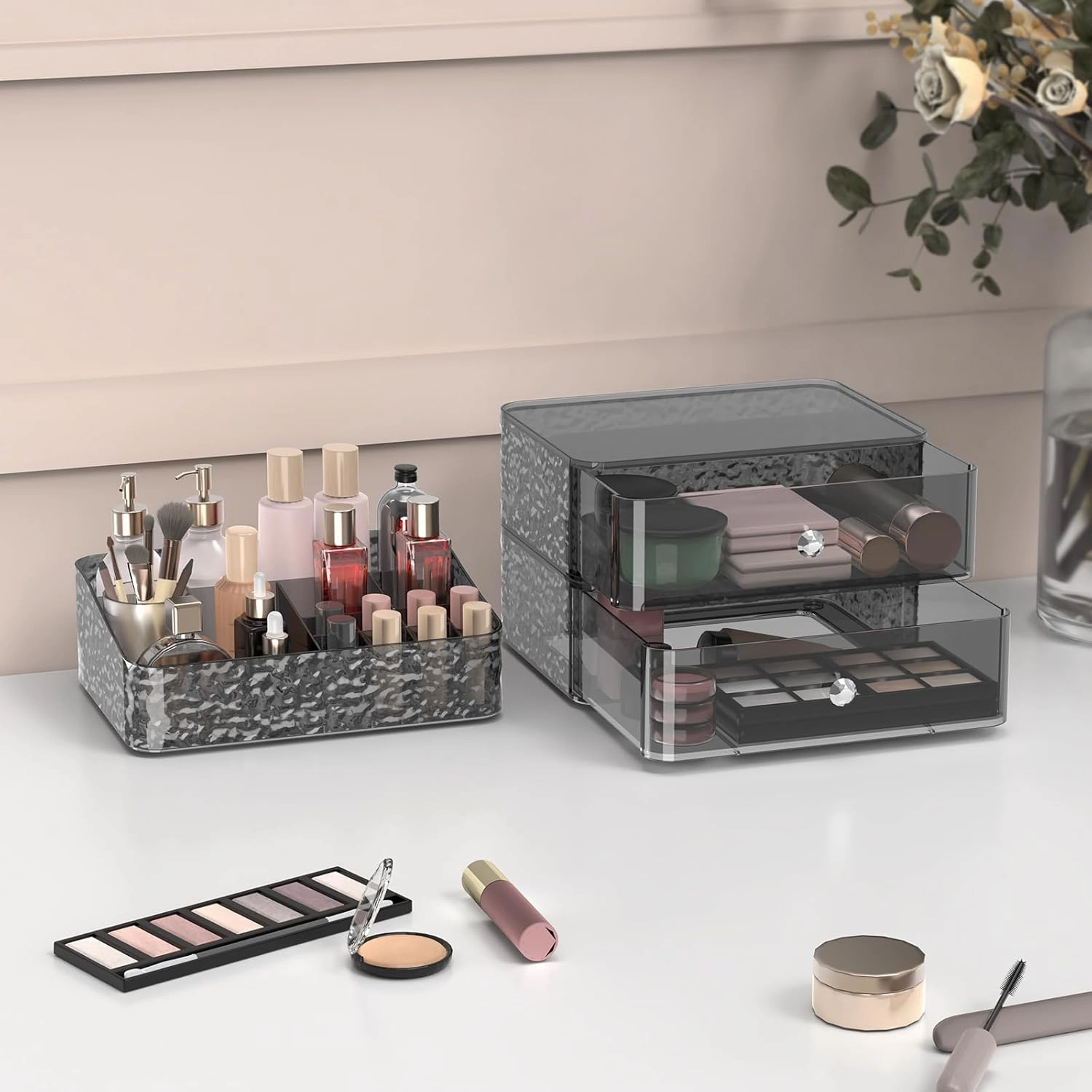 Makeup Organizer for Vanity, Stackable Cosmetics Organizer and Storage, Cosmetic Display Cases with 2 Drawers and 1 Tray for Makeup Brush, Lipstick and Jewelry, Silver Knob, Ripple Gray