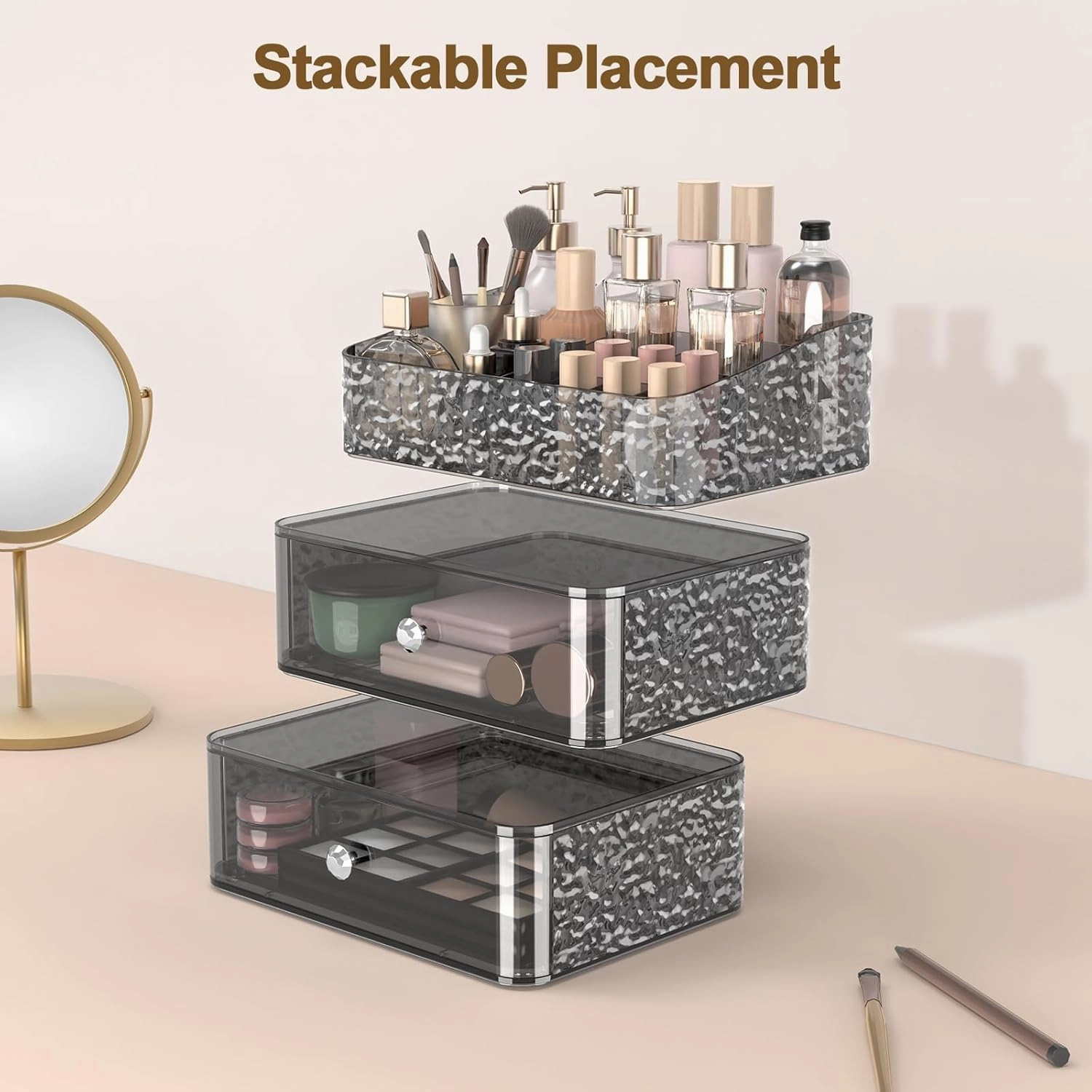Makeup Organizer for Vanity, Stackable Cosmetics Organizer and Storage, Cosmetic Display Cases with 2 Drawers and 1 Tray for Makeup Brush, Lipstick and Jewelry, Silver Knob, Ripple Gray
