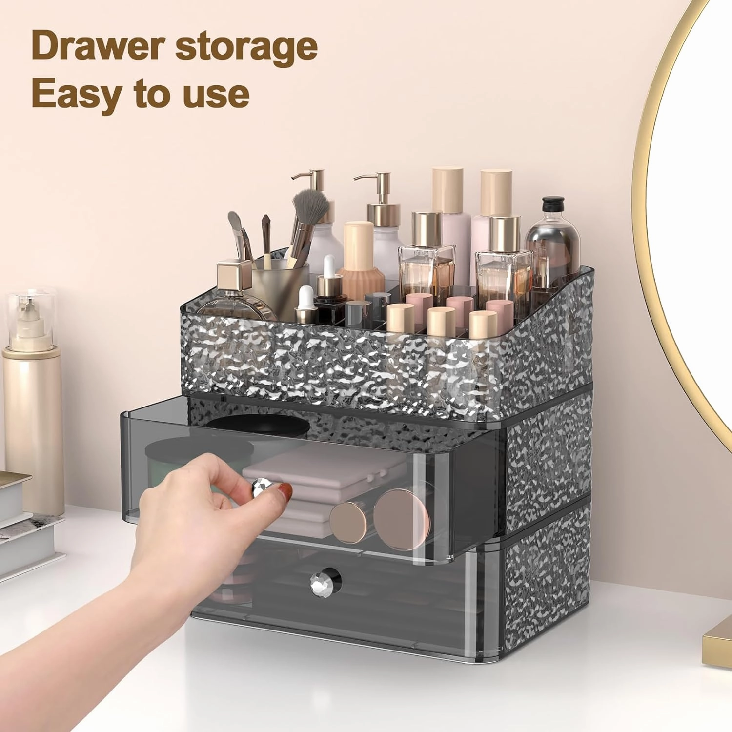 Makeup Organizer for Vanity, Stackable Cosmetics Organizer and Storage, Cosmetic Display Cases with 2 Drawers and 1 Tray for Makeup Brush, Lipstick and Jewelry, Silver Knob, Ripple Gray