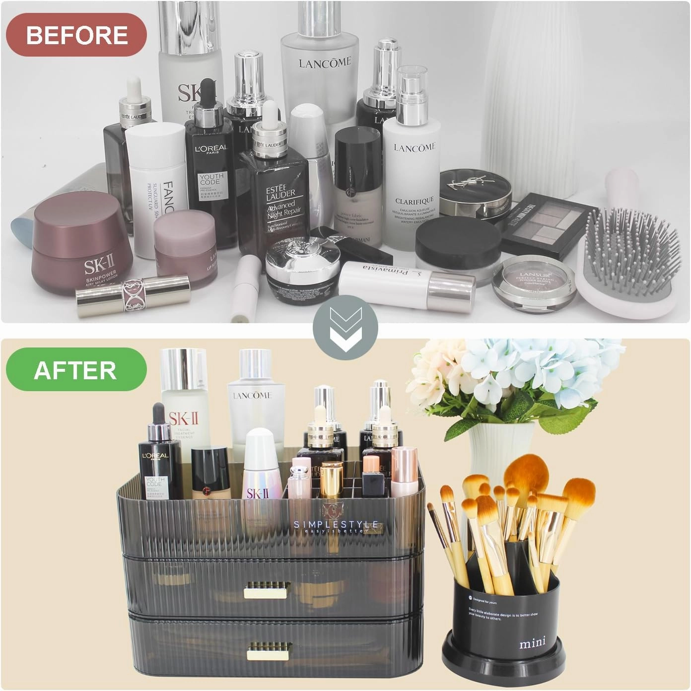 Makeup Organizer with 2 Drawers, Cosmetics Organizer for Bedroom and Bathroom Vanity Countertops, Large Capacity Cosmetic Storage Box for Skincare Cream Perfume Lipstick Dresser Counter-Black