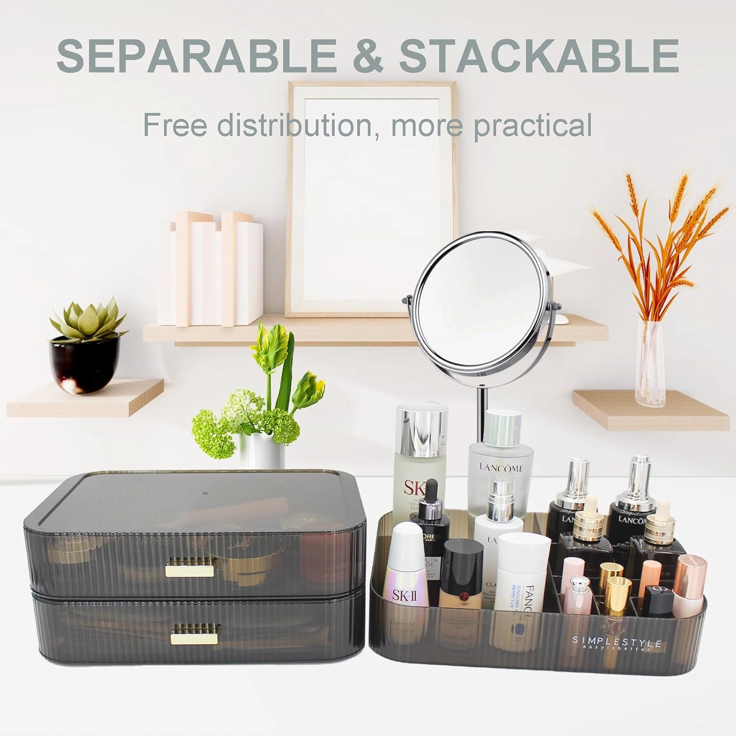 Makeup Organizer with 2 Drawers, Cosmetics Organizer for Bedroom and Bathroom Vanity Countertops, Large Capacity Cosmetic Storage Box for Skincare Cream Perfume Lipstick Dresser Counter-Black