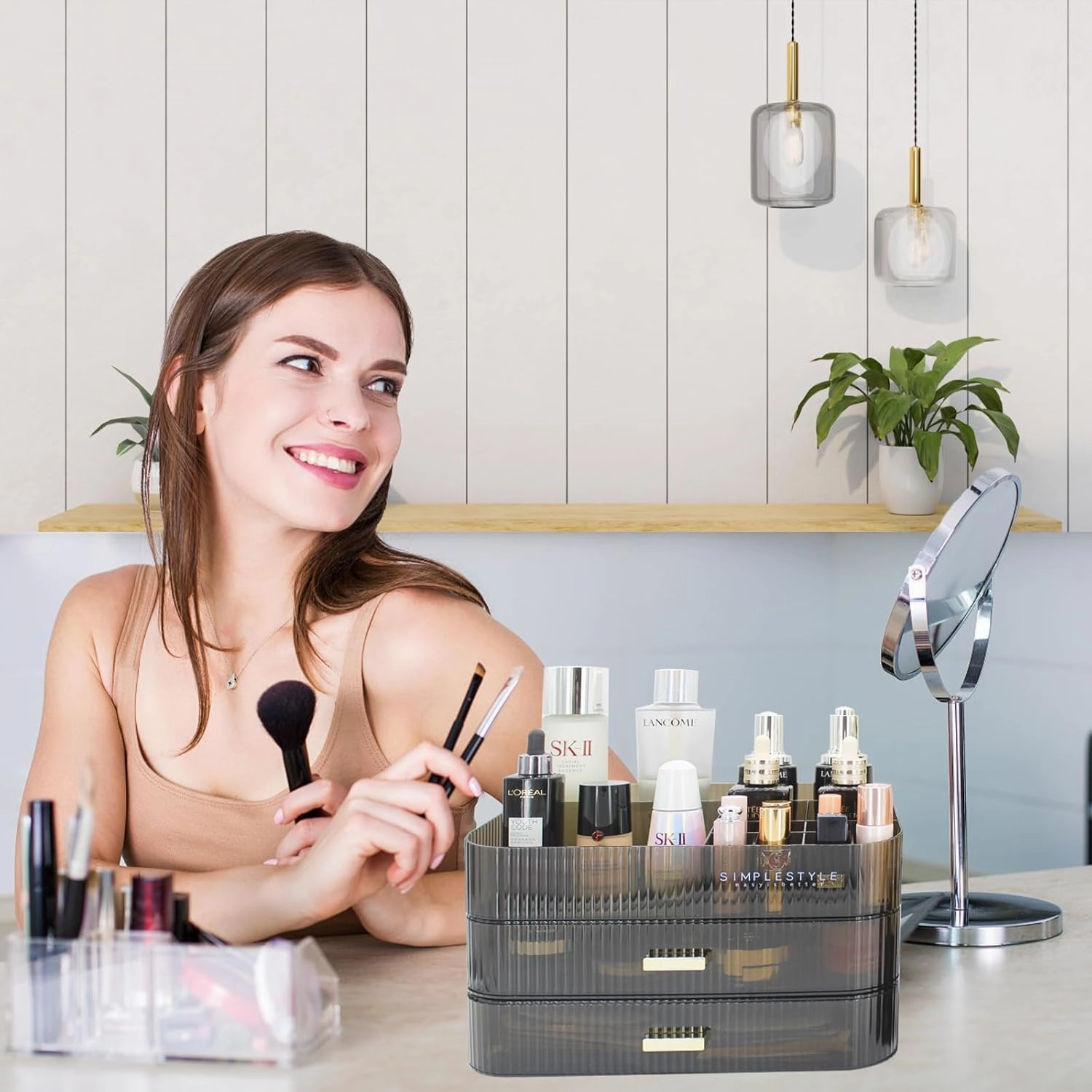 Makeup Organizer with 2 Drawers, Cosmetics Organizer for Bedroom and Bathroom Vanity Countertops, Large Capacity Cosmetic Storage Box for Skincare Cream Perfume Lipstick Dresser Counter-Black