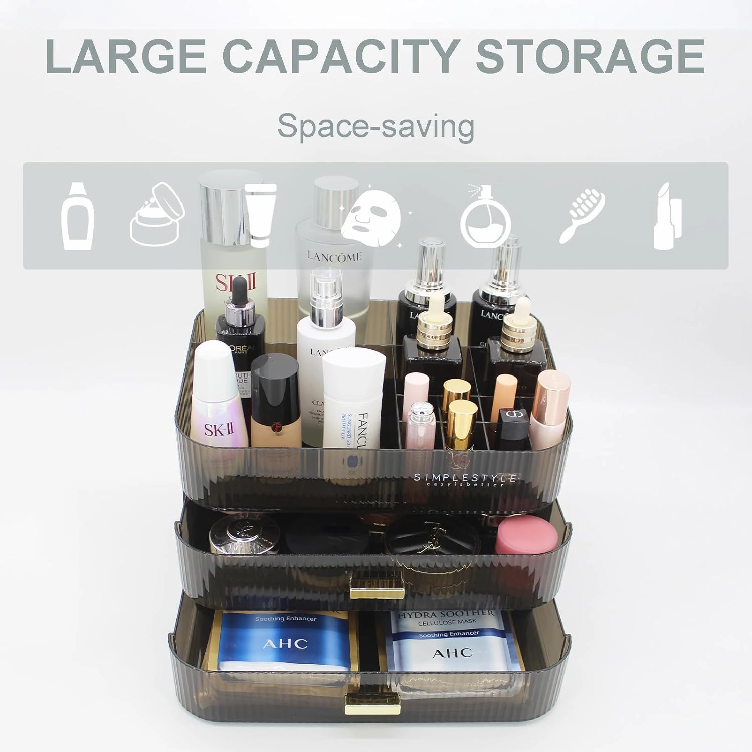 Makeup Organizer with 2 Drawers, Cosmetics Organizer for Bedroom and Bathroom Vanity Countertops, Large Capacity Cosmetic Storage Box for Skincare Cream Perfume Lipstick Dresser Counter-Black