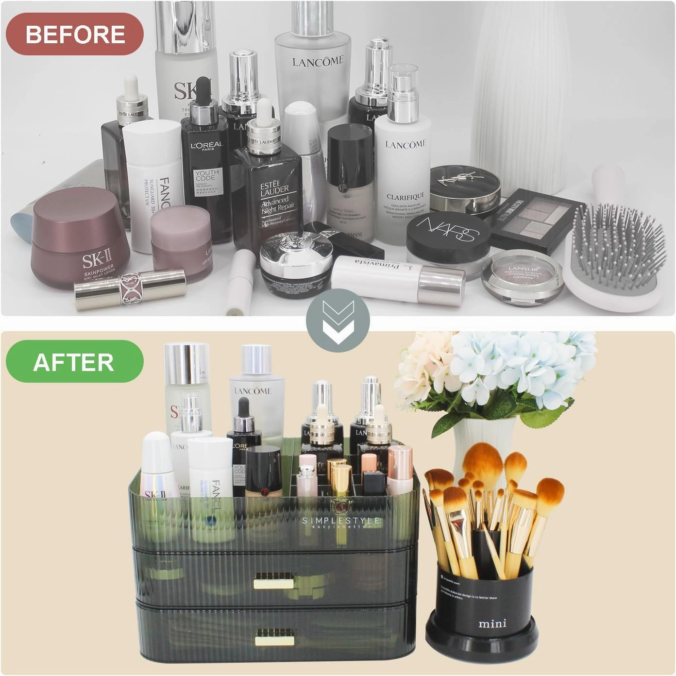Makeup Organizer with 2 Drawers, Cosmetics Organizer for Bedroom and Bathroom Vanity Countertops, Large Capacity Cosmetic Storage Box for Skincare Cream Perfume Lipstick Dresser Counter-Green