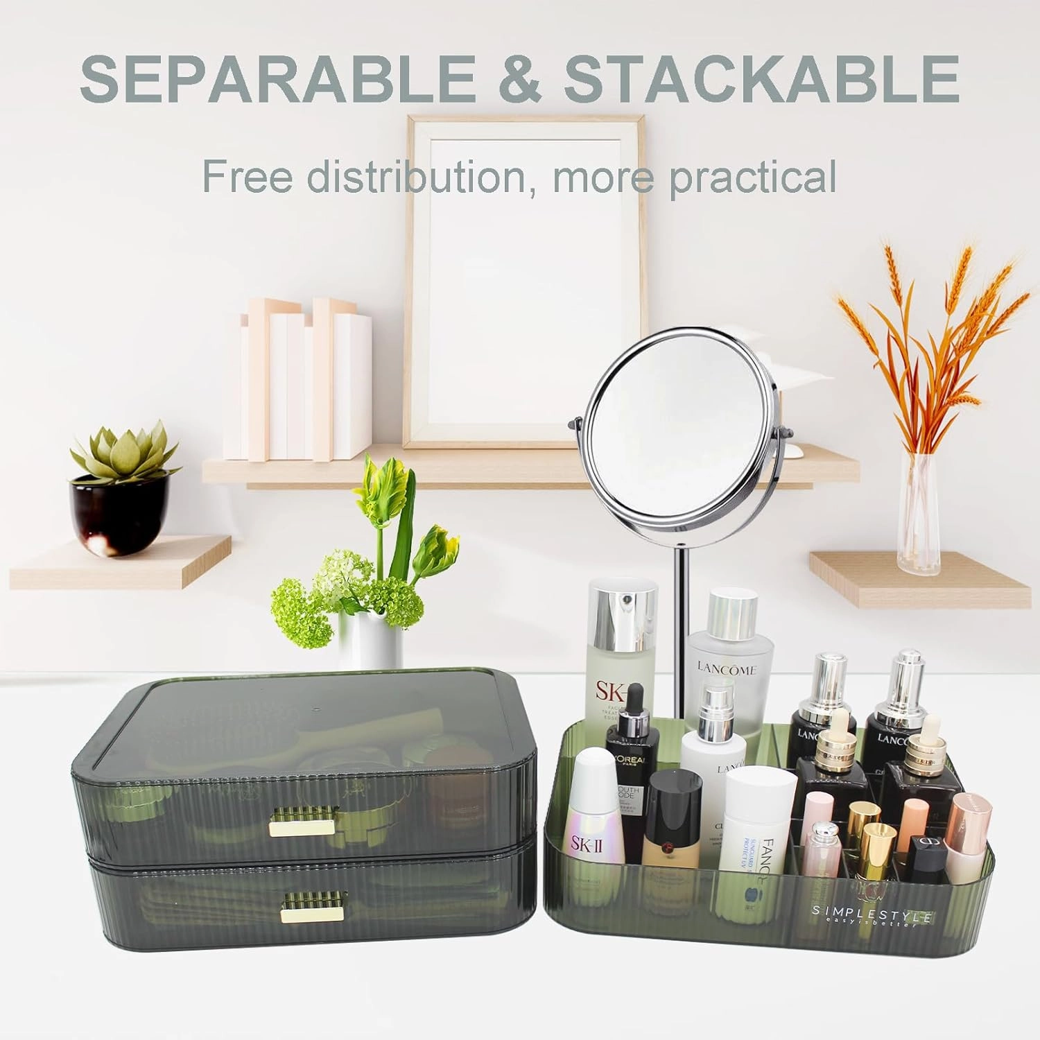 Makeup Organizer with 2 Drawers, Cosmetics Organizer for Bedroom and Bathroom Vanity Countertops, Large Capacity Cosmetic Storage Box for Skincare Cream Perfume Lipstick Dresser Counter-Green