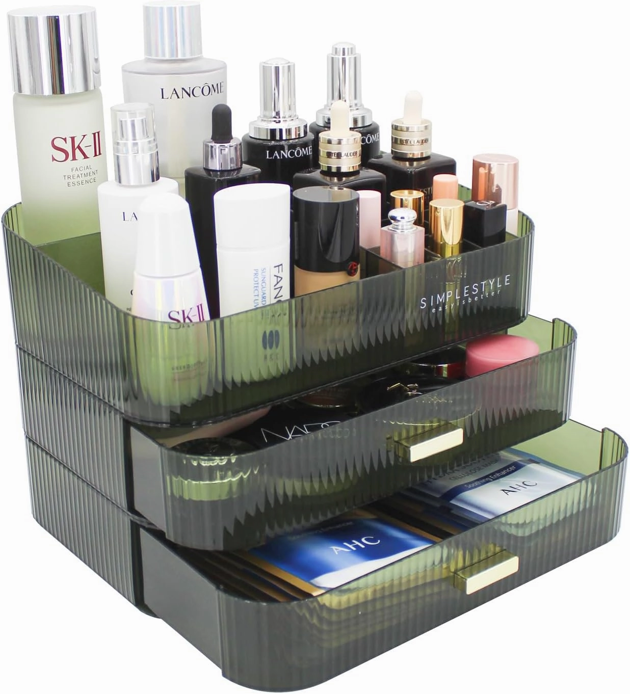 Makeup Organizer with 2 Drawers, Cosmetics Organizer for Bedroom and Bathroom Vanity Countertops, Large Capacity Cosmetic Storage Box for Skincare Cream Perfume Lipstick Dresser Counter-Green