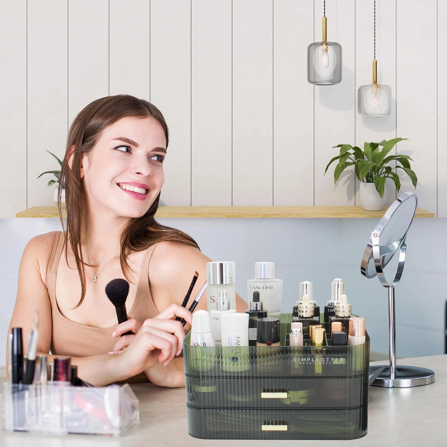 Makeup Organizer with 2 Drawers, Cosmetics Organizer for Bedroom and Bathroom Vanity Countertops, Large Capacity Cosmetic Storage Box for Skincare Cream Perfume Lipstick Dresser Counter-Green
