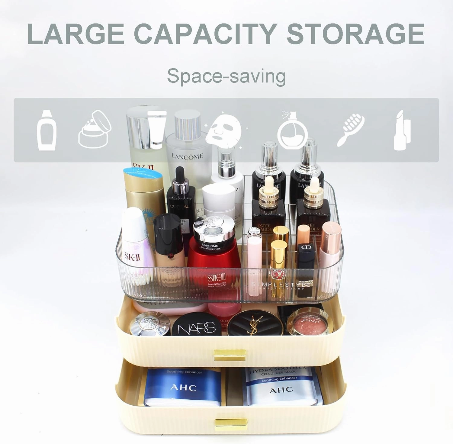 Makeup Organizer with 2 Drawers, Cosmetics Organizer for Bedroom and Bathroom Vanity Countertops, Large Capacity Cosmetic Storage Box for Skincare Cream Perfume Lipstick Dresser Counter-White