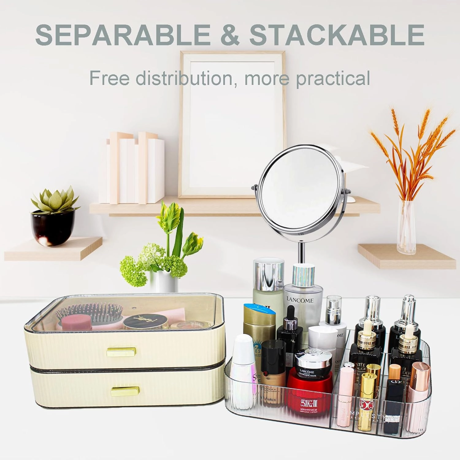 Makeup Organizer with 2 Drawers, Cosmetics Organizer for Bedroom and Bathroom Vanity Countertops, Large Capacity Cosmetic Storage Box for Skincare Cream Perfume Lipstick Dresser Counter-White