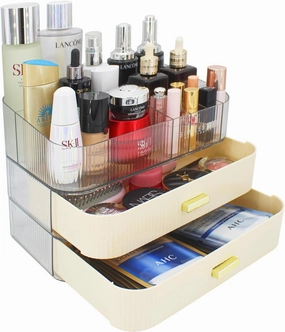 Makeup Organizer with 2 Drawers, Cosmetics Organizer for Bedroom and Bathroom Vanity Countertops, Large Capacity Cosmetic Storage Box for Skincare Cream Perfume Lipstick Dresser Counter-White