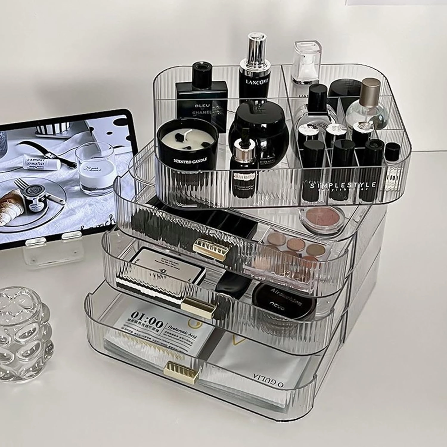 Makeup Organizer with Drawers, Stackable Cosmetics Organizer, Large Make Up Organizer Storage Box, Ideal for Bathroom Countertop and Desk (1 x Drawer, Clear)