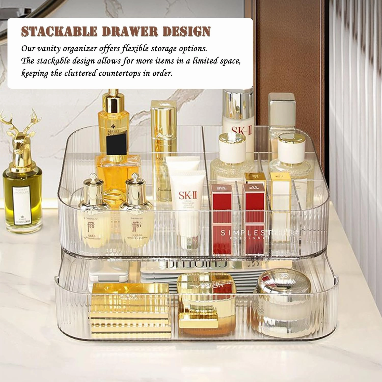 Makeup Organizer with Drawers, Stackable Cosmetics Organizer, Large Make Up Organizer Storage Box, Ideal for Bathroom Countertop and Desk (1 x Drawer, Clear)