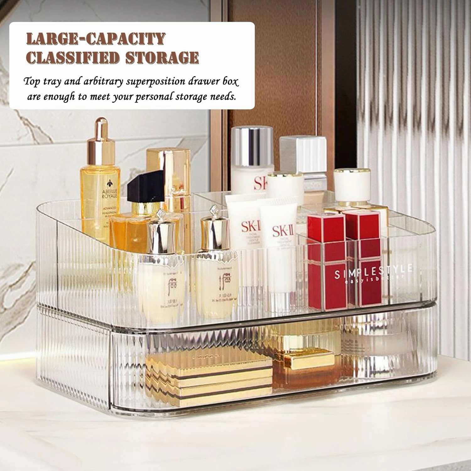 Makeup Organizer with Drawers, Stackable Cosmetics Organizer, Large Make Up Organizer Storage Box, Ideal for Bathroom Countertop and Desk (1 x Drawer, Clear)