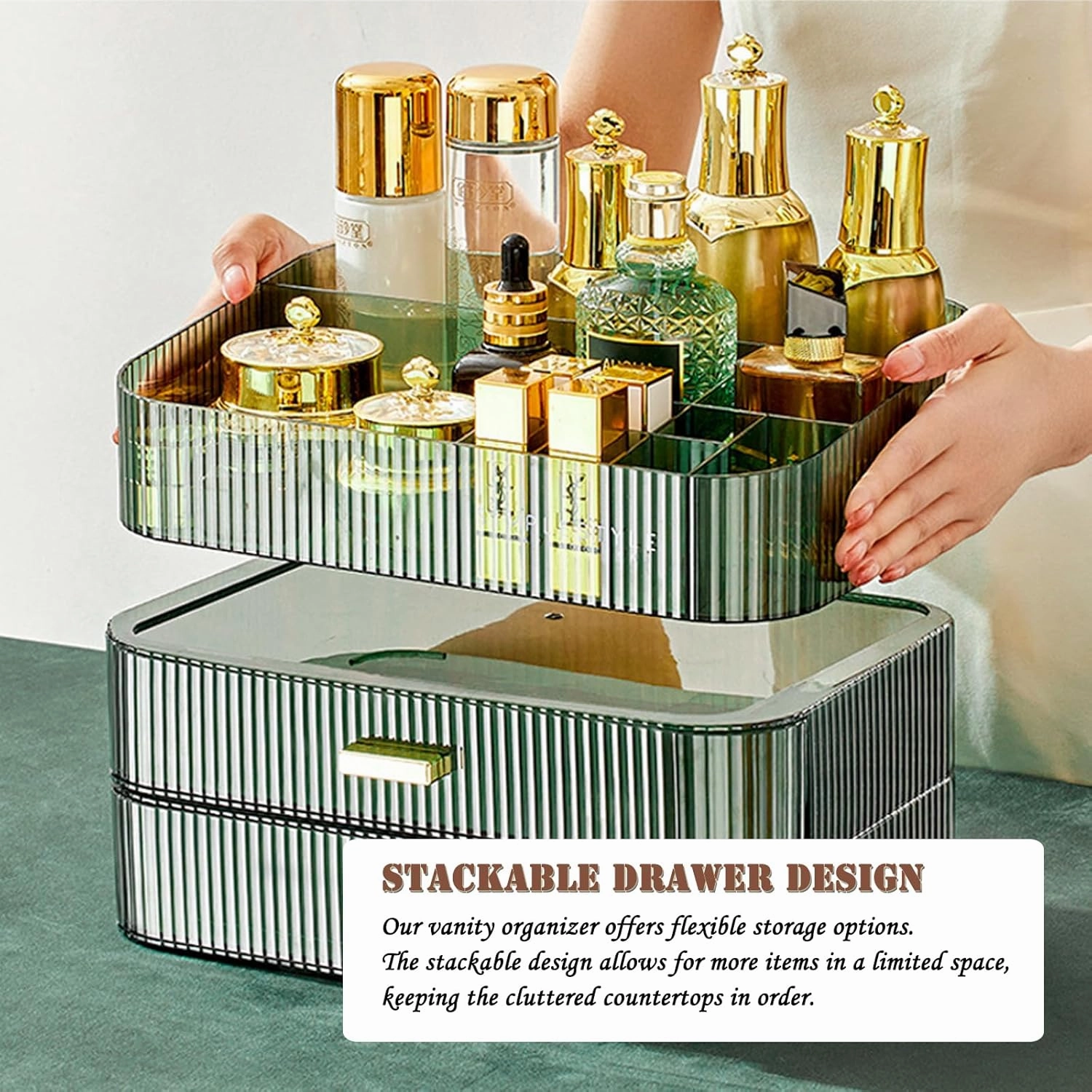 Makeup Organizer with Drawers, Stackable Cosmetics Organizer, Large Make Up Organizer Storage Box, Ideal for Bathroom Countertop and Desk (1 x Drawer, Green)