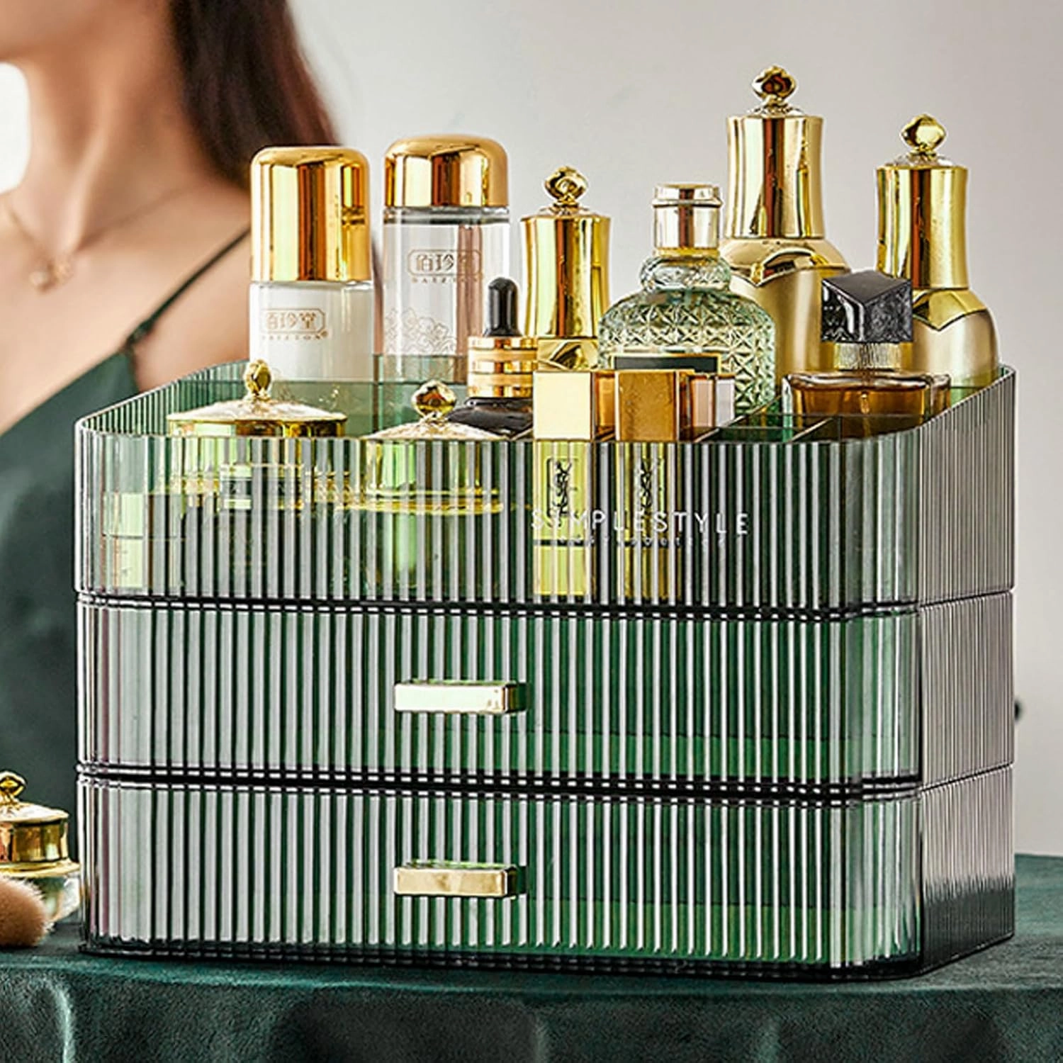 Makeup Organizer with Drawers, Stackable Cosmetics Organizer, Large Make Up Organizer Storage Box, Ideal for Bathroom Countertop and Desk (1 x Drawer, Green)