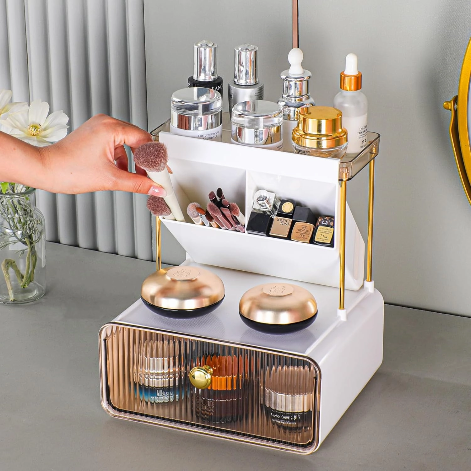 Makeup Organizers Countertop,2-Tier Versatile Bathroom Counter Organizer,Cosmetic Make Up Organizers for Vanity,Cute Skincare Organizer (Amber)