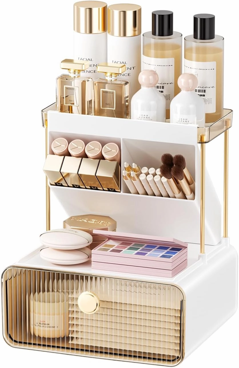 Makeup Organizers Countertop,2-Tier Versatile Bathroom Counter Organizer,Cosmetic Make Up Organizers for Vanity,Cute Skincare Organizer (Amber)