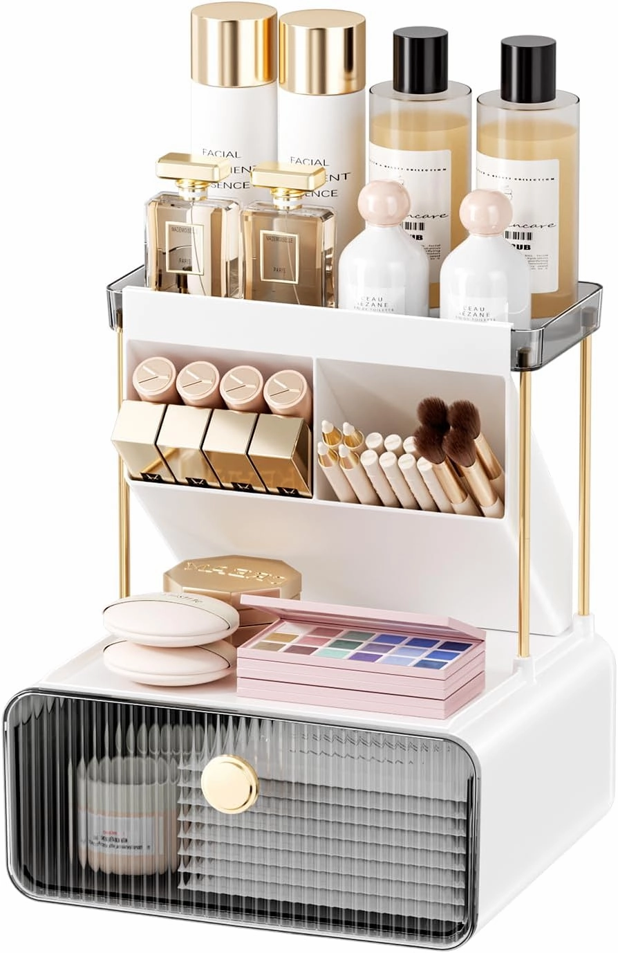 Makeup Organizers Countertop,2-Tier Versatile Bathroom Counter Organizer,Cosmetic Make Up Organizers for Vanity,Cute Skincare Organizer (Grey)