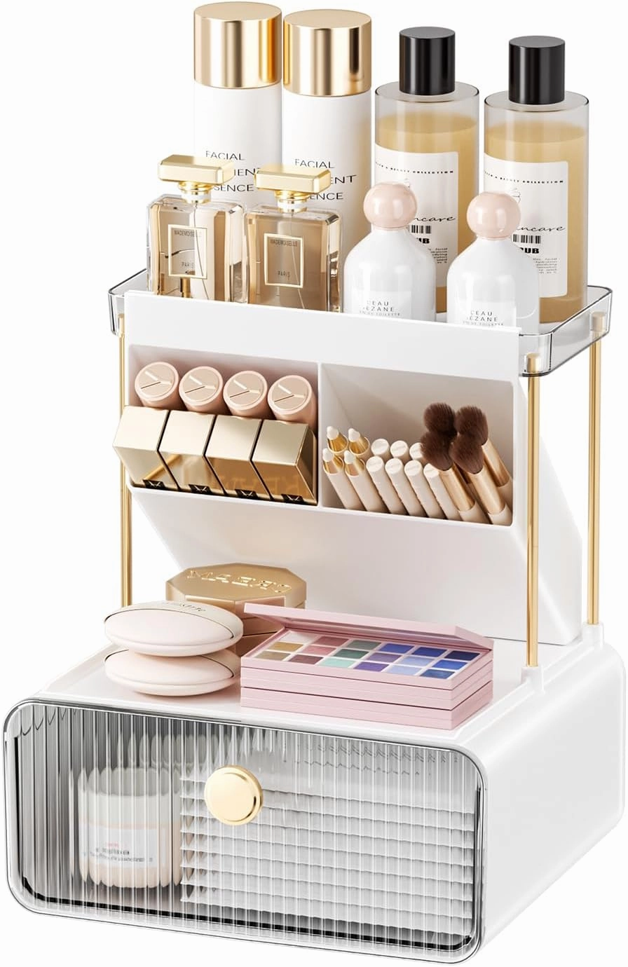 Makeup Organizers Countertop,2-Tier Versatile Bathroom Counter Organizer,Cosmetic Make Up Organizers for Vanity,Cute Skincare Organizer (White)