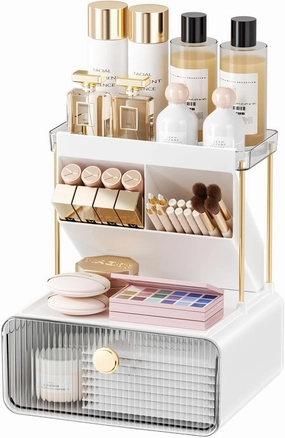 Makeup Organizers Countertop,2-Tier Versatile Bathroom Counter Organizer,Cosmetic Make Up Organizers for Vanity,Cute Skincare Organizer (White)
