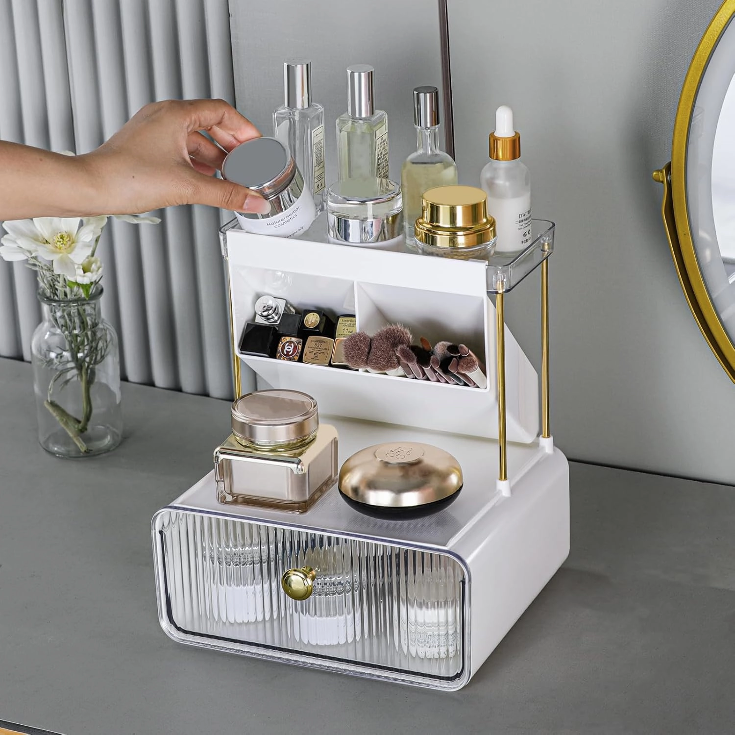 Makeup Organizers Countertop,2-Tier Versatile Bathroom Counter Organizer,Cosmetic Make Up Organizers for Vanity,Cute Skincare Organizer (White)