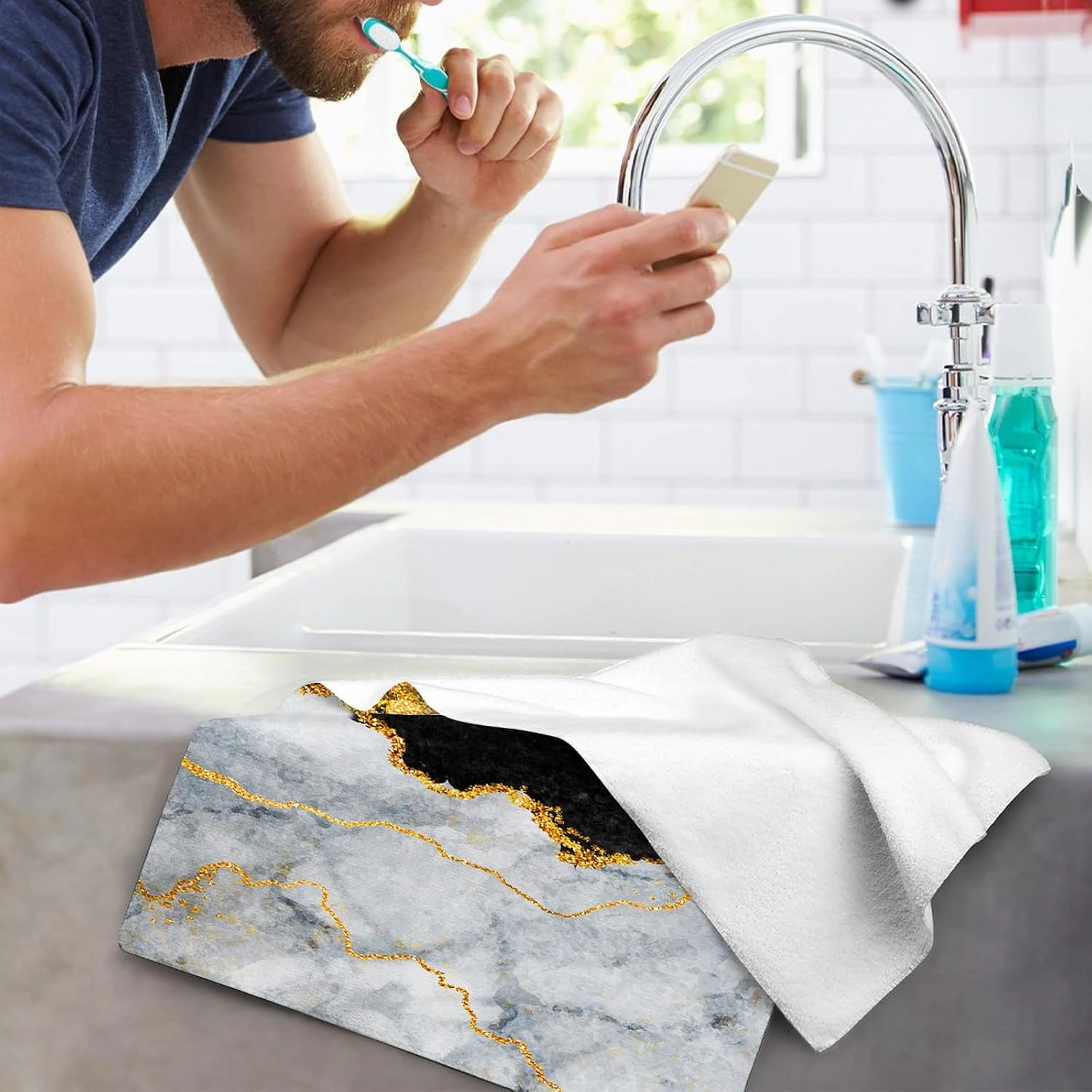 Marble Blue Gold Decorative Hand Towels for Bathroom 14x28 Inch,Navy Blue Grey Gold Bath Hand Towels Set of 2 for Kitchen Gym Spa Hotel Farmhouse Home Decorations