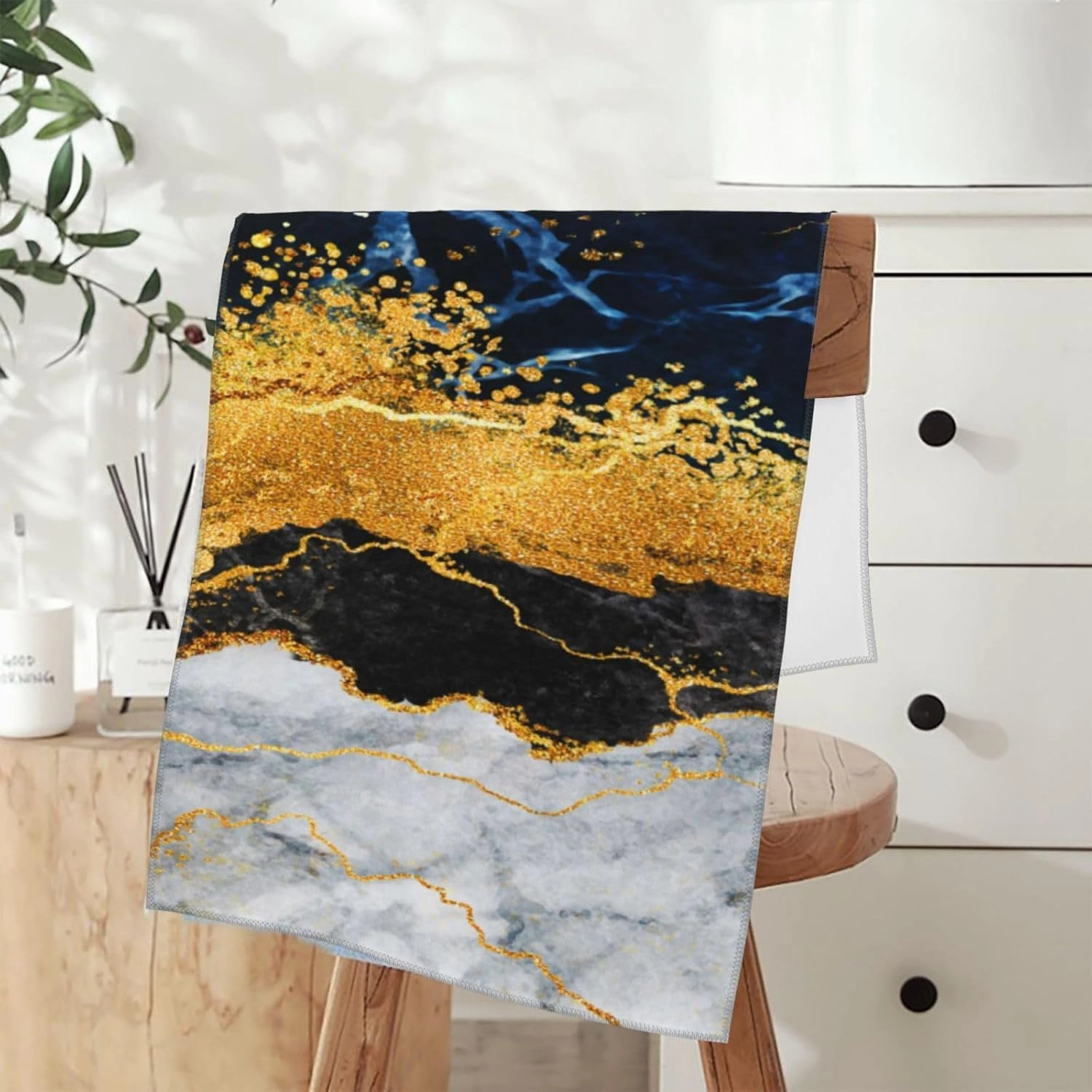 Marble Blue Gold Decorative Hand Towels for Bathroom 14x28 Inch,Navy Blue Grey Gold Bath Hand Towels Set of 2 for Kitchen Gym Spa Hotel Farmhouse Home Decorations