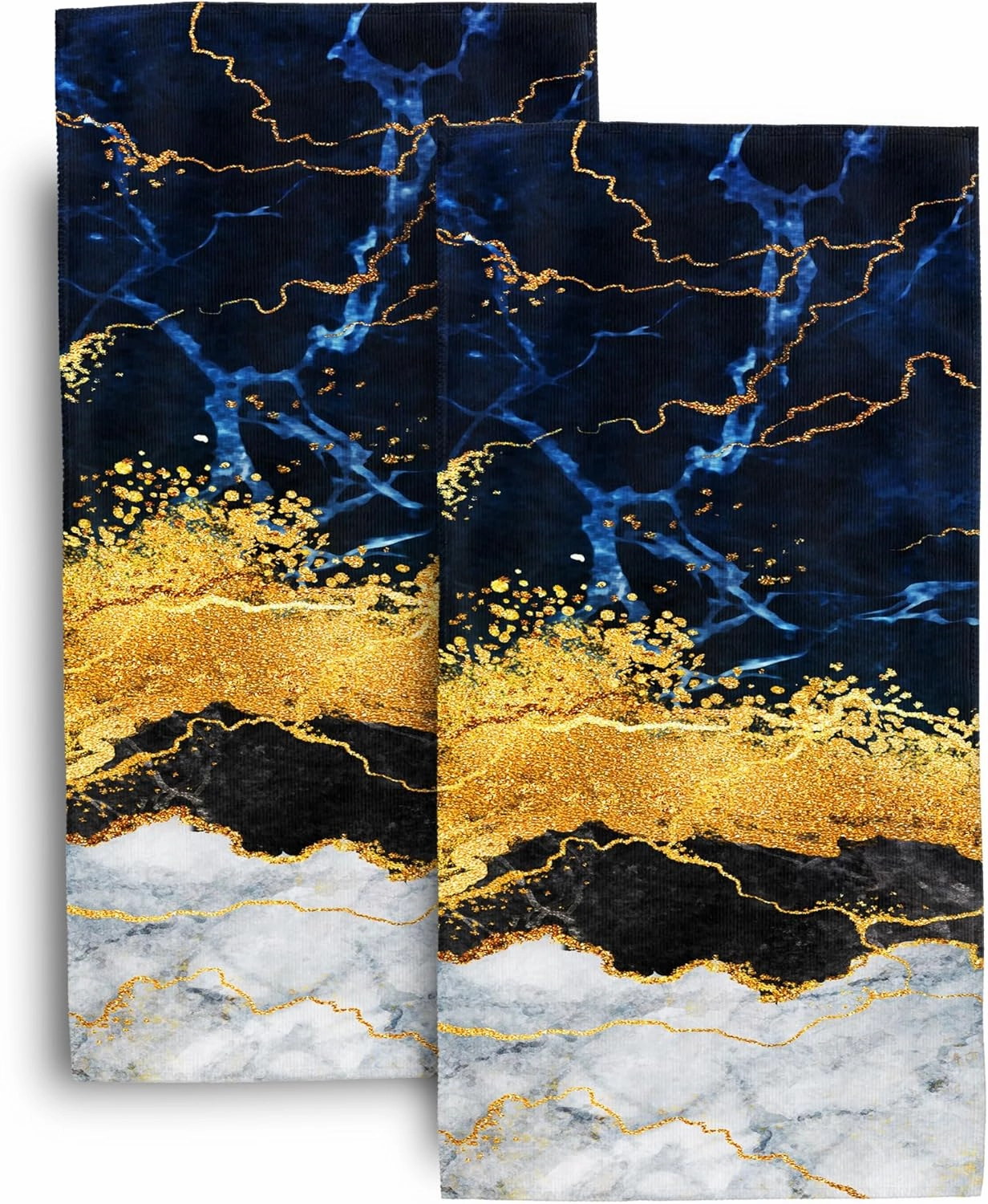 Marble Blue Gold Decorative Hand Towels for Bathroom 14x28 Inch,Navy Blue Grey Gold Bath Hand Towels Set of 2 for Kitchen Gym Spa Hotel Farmhouse Home Decorations