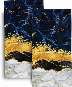 Marble Blue Gold Decorative Hand Towels for Bathroom 14x28 Inch,Navy Blue Grey Gold Bath Hand Towels Set of 2 for Kitchen Gym Spa Hotel Farmhouse Home Decorations