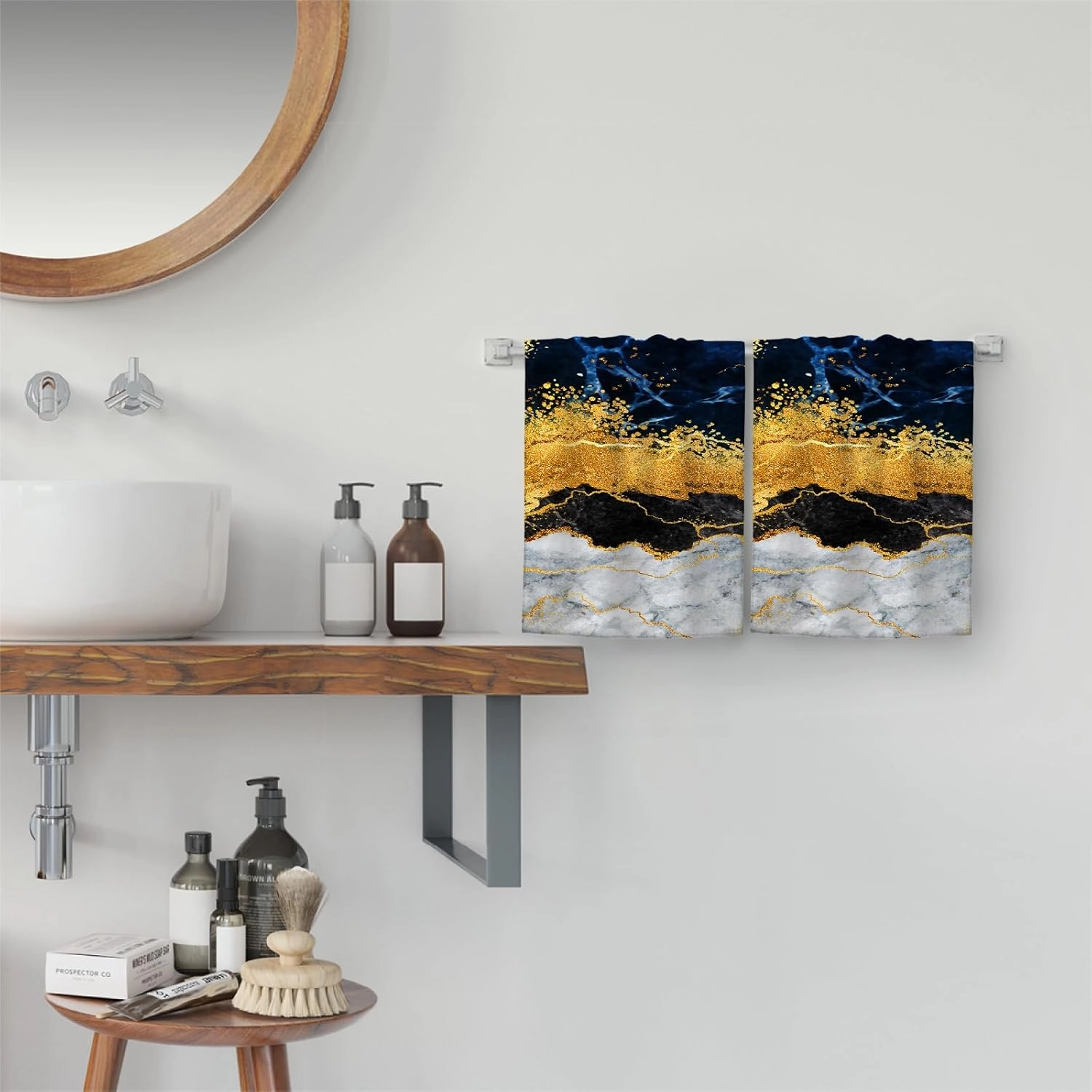 Marble Blue Gold Decorative Hand Towels for Bathroom 14x28 Inch,Navy Blue Grey Gold Bath Hand Towels Set of 2 for Kitchen Gym Spa Hotel Farmhouse Home Decorations