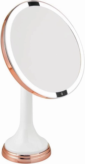 mDesign Modern Motion Sensor LED Lighted Makeup Bathroom Vanity Mirror, Large 8" Round, 3X Magnification, Hands-Free, Rechargeable and Cordless - White/Rose Gold
