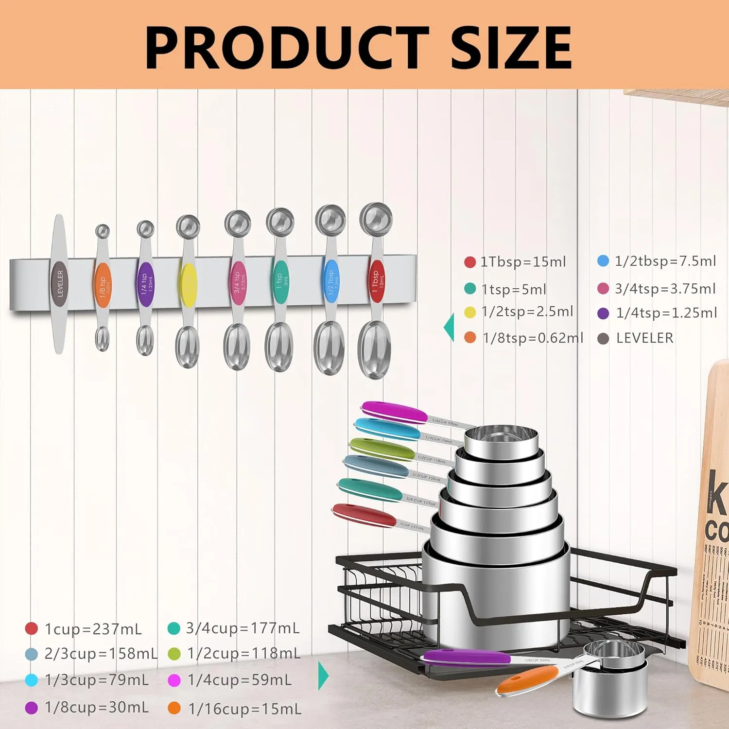 Measuring Cups and Magnetic Measuring Spoons Set, 5 Stainless Steel Measuring Cups with Easy to Read Markings, 7 Double Sided Stackable Magnetic Measuring Spoons & 1 Leveler, Multicolor