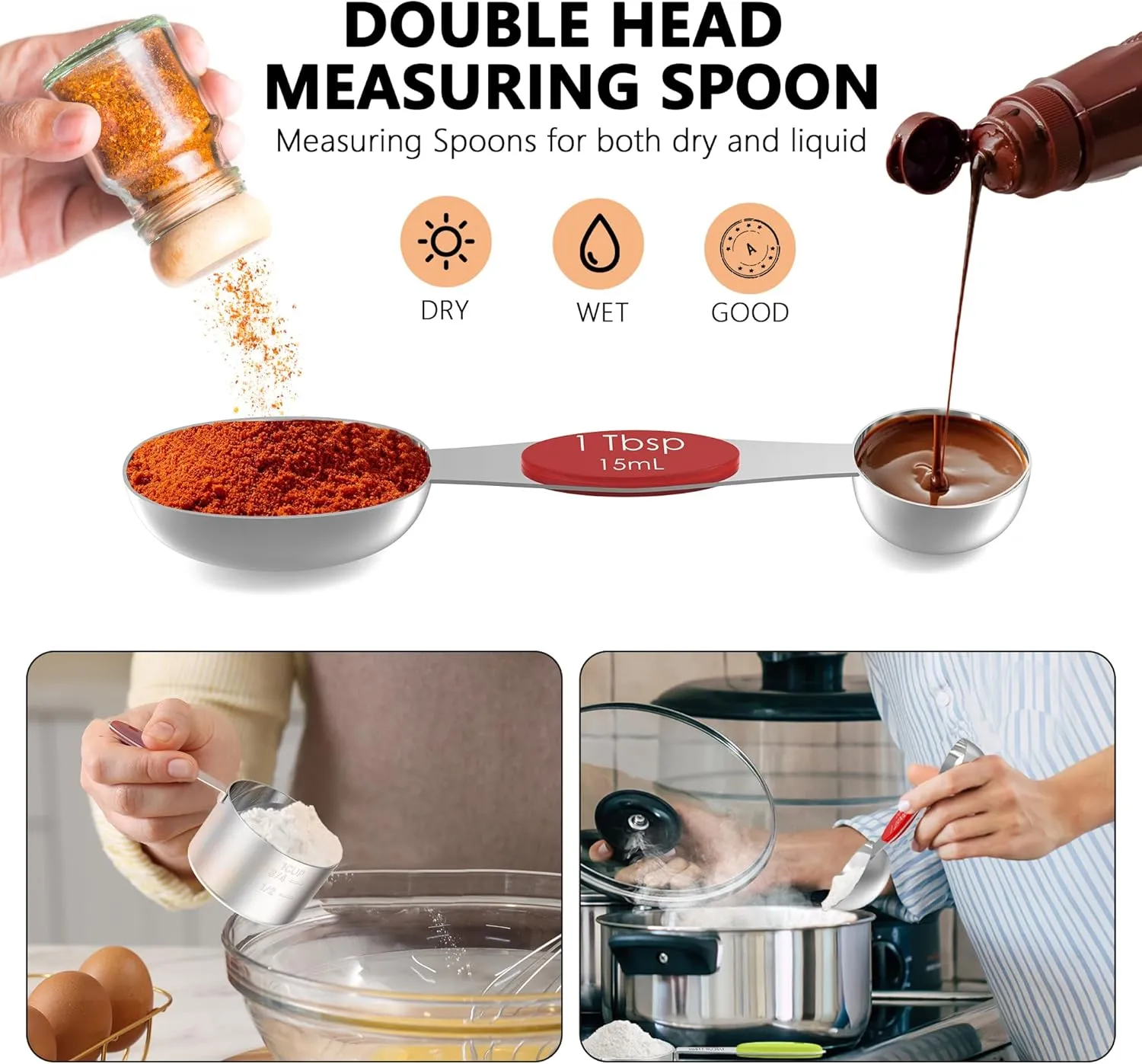 Measuring Cups and Magnetic Measuring Spoons Set, 5 Stainless Steel Measuring Cups with Easy to Read Markings, 7 Double Sided Stackable Magnetic Measuring Spoons & 1 Leveler, Multicolor