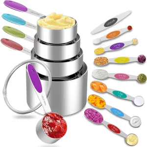 Measuring Cups and Magnetic Measuring Spoons Set, 5 Stainless Steel Measuring Cups with Easy to Read Markings, 7 Double Sided Stackable Magnetic Measuring Spoons & 1 Leveler, Multicolor