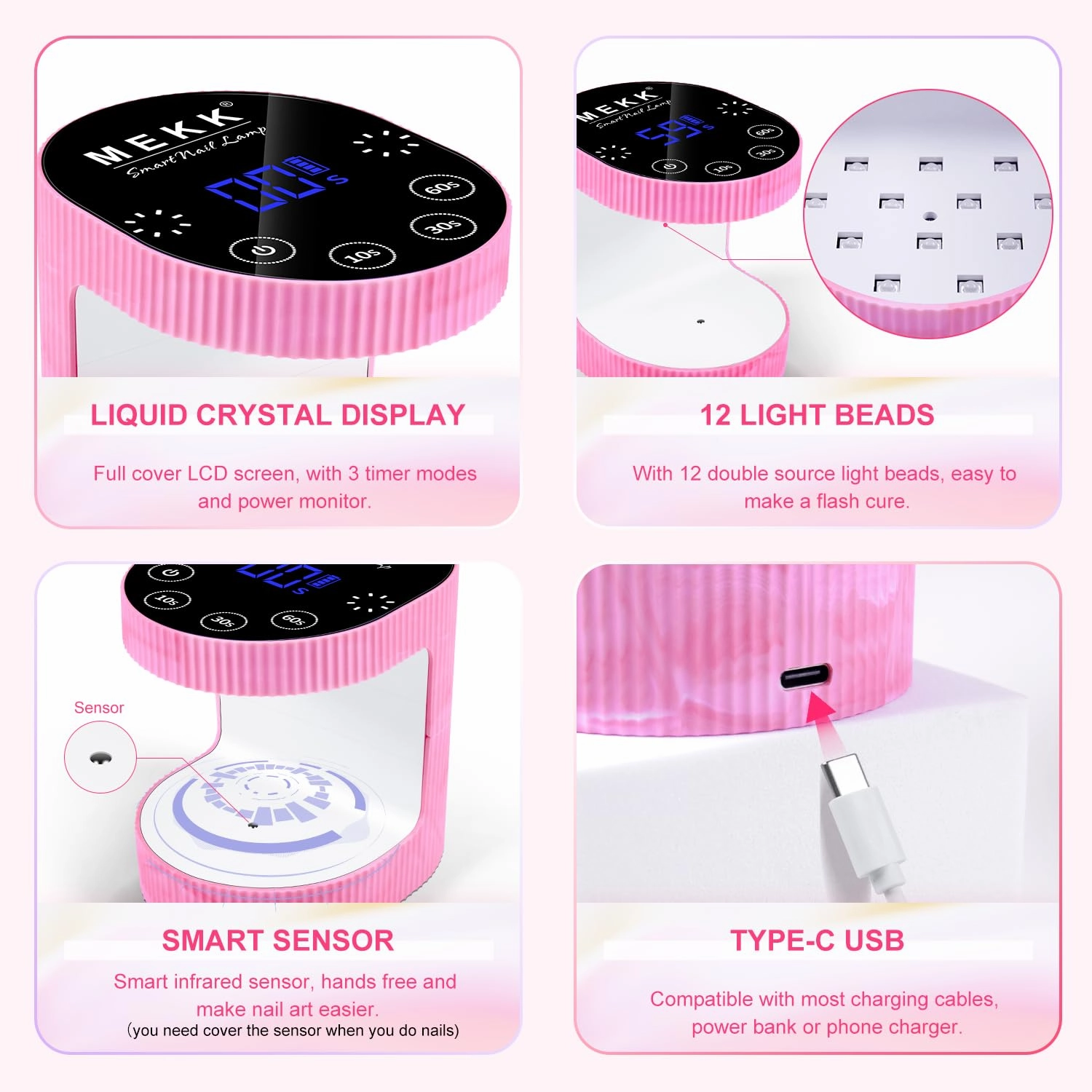 MEKK Cordless Mini UV Light for Gel Nails - 24W Rechargeable Mini UV LED Nail Lamp with Touch Control & Auto Sensor,Small Flash Cure Lamp,4 Timers,Portable Nail Light for Salon & Home-Glaze Pink