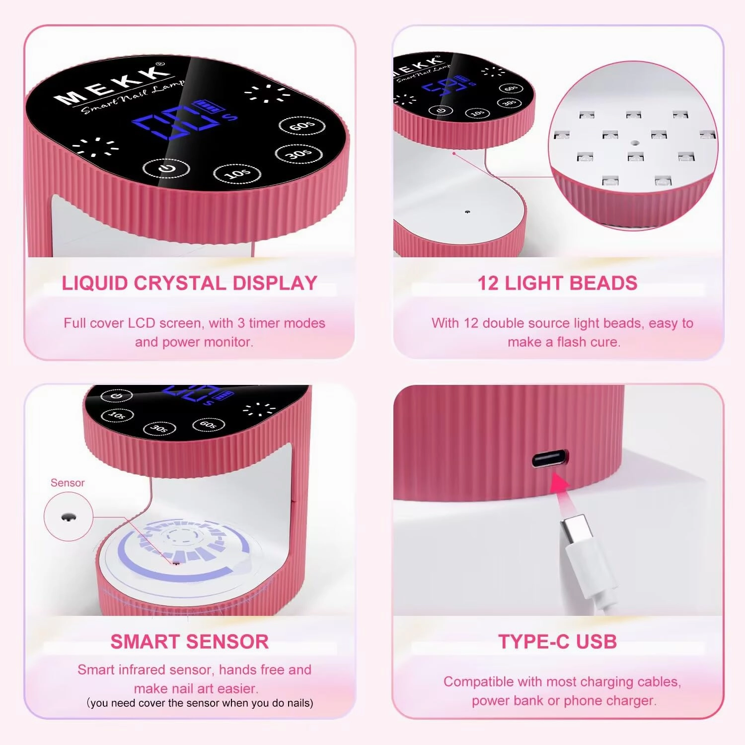 MEKK Cordless Mini UV Light for Gel Nails - 24W Rechargeable Mini UV LED Nail Lamp with Touch Control & Auto Sensor,Small Flash Cure Lamp,4 Timers,Portable Nail Light for Salon & Home-Rose Pink