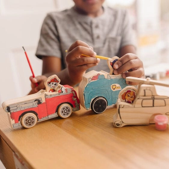 MELISSA & DOUG Paw Patrol Wooden Craft Kit Vehicles: Chase and his police car, Marshall and his fire engine, and Skye and her helicopter with paint and shiny foil stickers - 33266