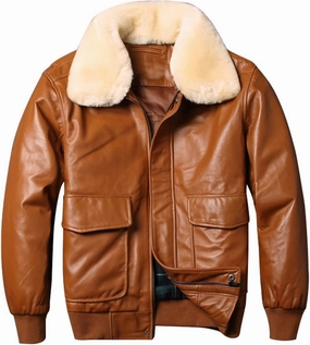 Men's A2 Aviator Brown Leather Jacket with Genuine Sheepskin and Faux Fur Collar Classic Pilot Air Force Bomber Style