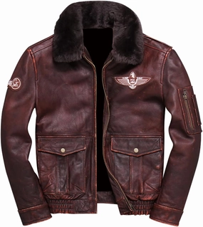 Men’s Brown A2 Aviator Genuine Sheepskin Sherpa Faux Fur Turn-Down Collar G1 Military Air Force Leather Jacket