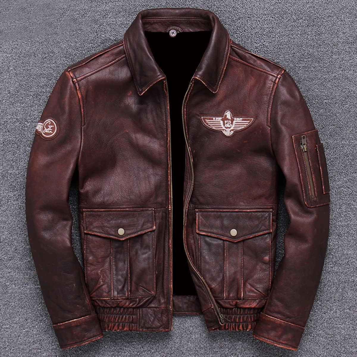 Men’s Brown A2 Aviator Genuine Sheepskin Sherpa Faux Fur Turn-Down Collar G1 Military Air Force Leather Jacket