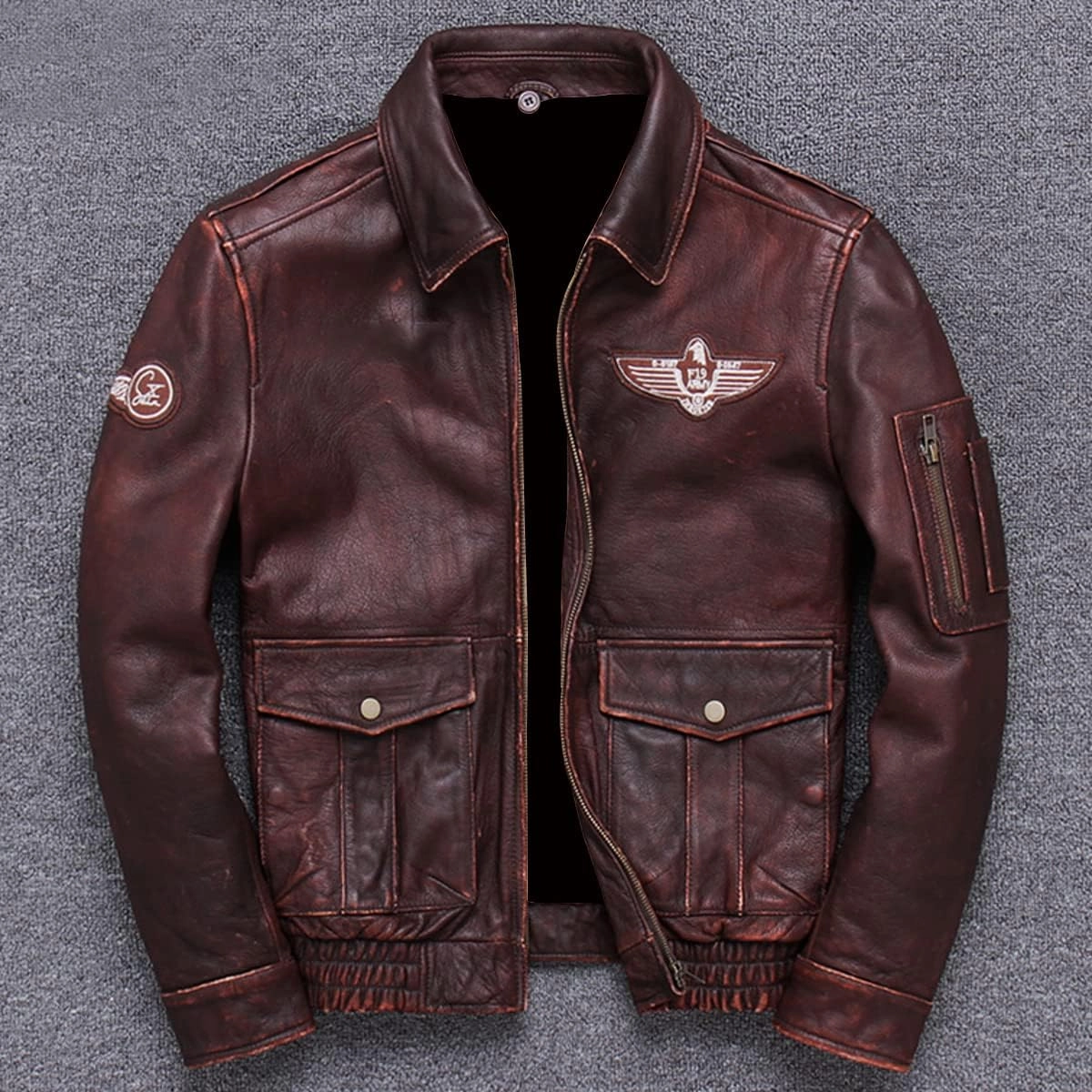 Men’s Brown A2 Aviator Genuine Sheepskin Sherpa Faux Fur Turn-Down Collar G1 Military Air Force Leather Jacket