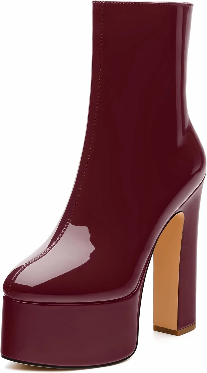 MERRORI Platform Ankle Boots for Women Gogo Boots with Round Toe High Chunky Block Heels Side Zipper Patent Fashion Short Booties