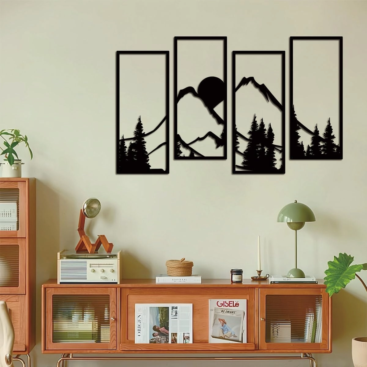 Metal Sunset Mountain Forest Wall Decor Set of 4, Minimalist Line Drawing Large Mountains Wall Art Home Decor for Living Room Bedroom Office…