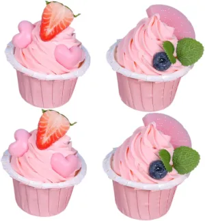 Mikinona 4pcs Realistic Fake Cake Models Soft Simulation Dessert Decorations for Photography Home & Shop Display Cute Cupcake Props 2 Designs 2pcs Each