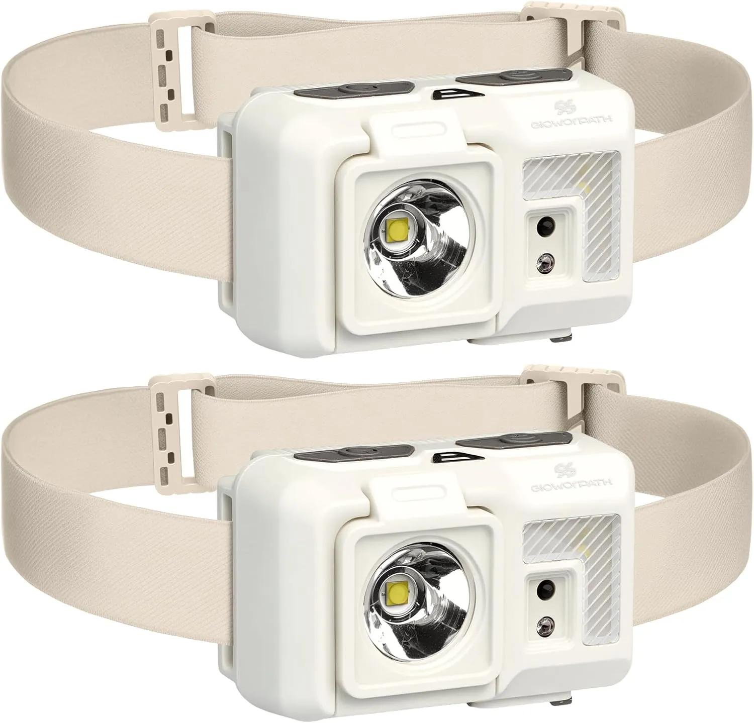 Mini Rechargeable Headlamp Flashlight,180 Lumens Super Bright LED,Sensor Control, 5 Light Settings, IPX5 Waterproof & Lightweight, Ideal for Camping, Running & Hiking Outdoor (2 Pack) (Beige)