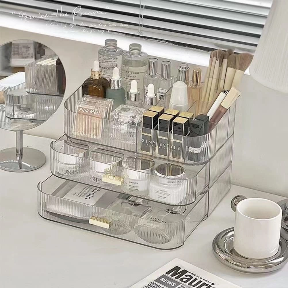 MIUOPUR Makeup Organizer with Stackable Drawers, Bathroom Vanity Organizers and Storage, Ideal for Desk and Dresser Countertops, Great for Cosmetics, skincare, Lipsticks, Nail Care -Clear