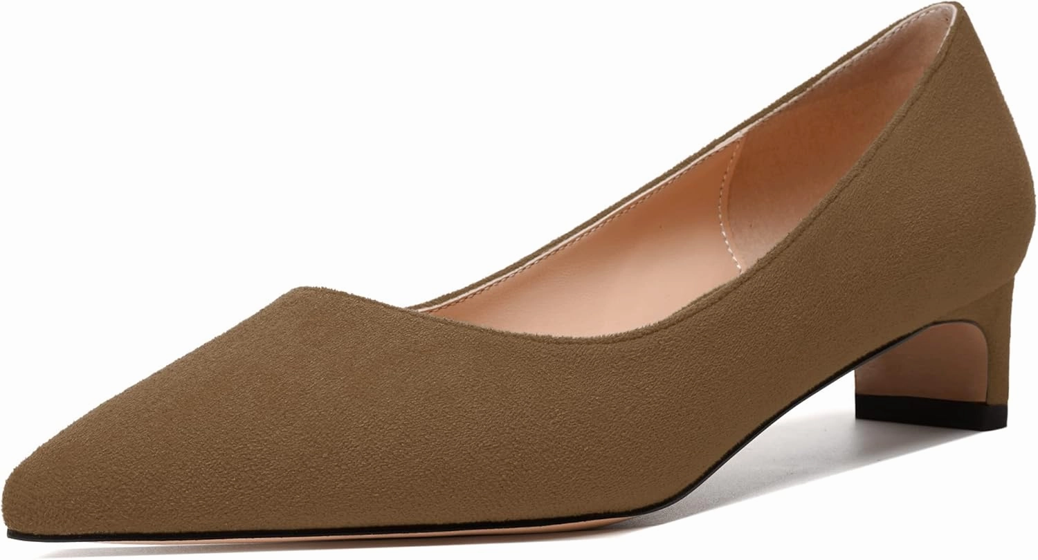 MODENCOCO Womens Pointed Toe Casual Slip On Fashion Wedding Suede Chunky Low Heel Pumps Dressy Shoes 1.5 Inch