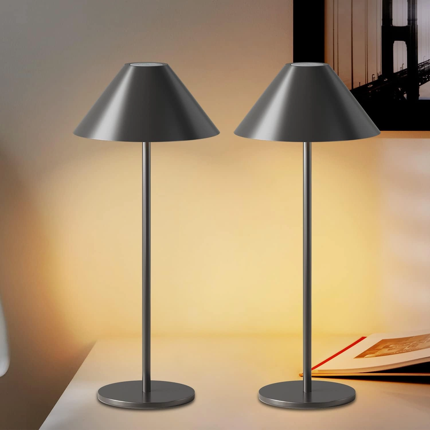 Modern LED Rechargeable Cordless Table Lamp, IP54 Waterproof, Dimmable Battery Operated Lamp, 4000mAh Certified Battery, 3000K Portable Bedside Lamp, Pack of 2 (Black)